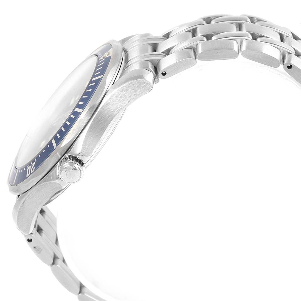 The image shows a side view of the Omega Seamaster 2541.80.00 Men
s Stainless Steel Blue Dial 2541.80.00 Men
s Stainless Steel Blue Dial watch, focusing on the case, bezel, crown, and part of the metal bracelet.