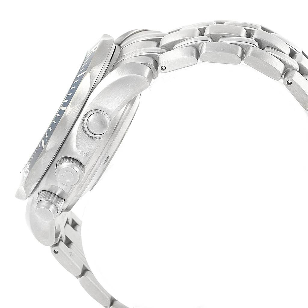 The image shows the side view of an Omega Seamaster 2599.80.00 Men
s Stainless Steel Blue Dial 2599.80.00 Men
s Stainless Steel Blue Dial watch, highlighting the crown and pushers with a metal bracelet.