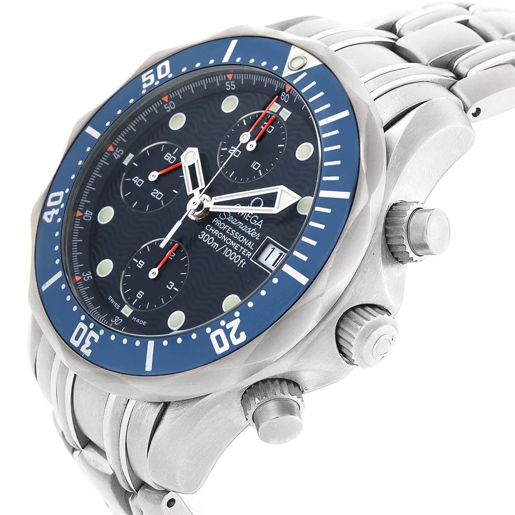 The image shows an angled view of an Omega Seamaster 2599.80.00 Men
s Stainless Steel Blue Dial 2599.80.00 Men
s Stainless Steel Blue Dial watch, highlighting the bezel, chronograph buttons, and part of the bracelet.