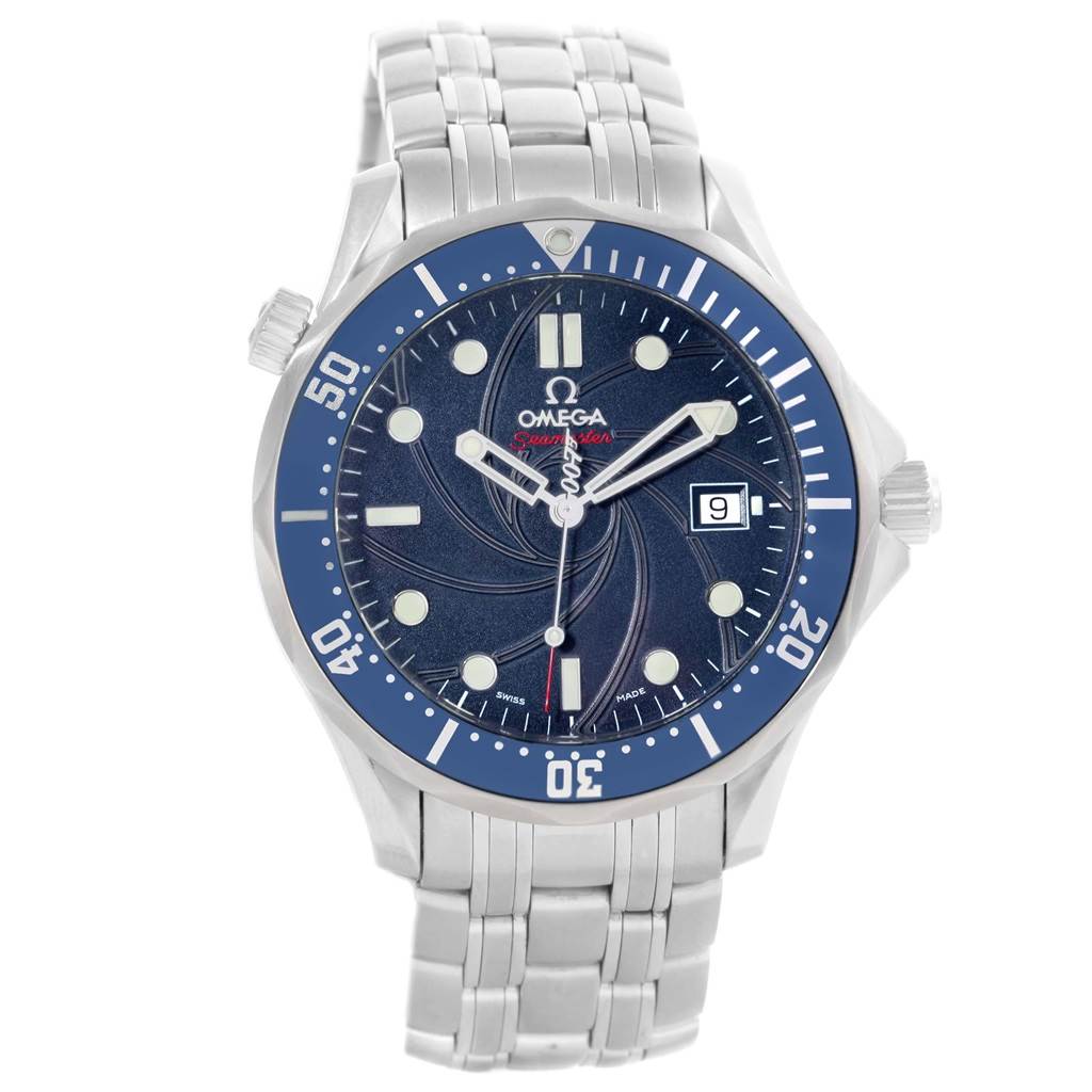 The image shows the front view of an Omega Seamaster 2226.80.00 Men's Stainless Steel Blue Dial 2226.80.00 Men's Stainless Steel Blue Dial watch, showcasing its dial, bezel, hands, crown, and bracelet.