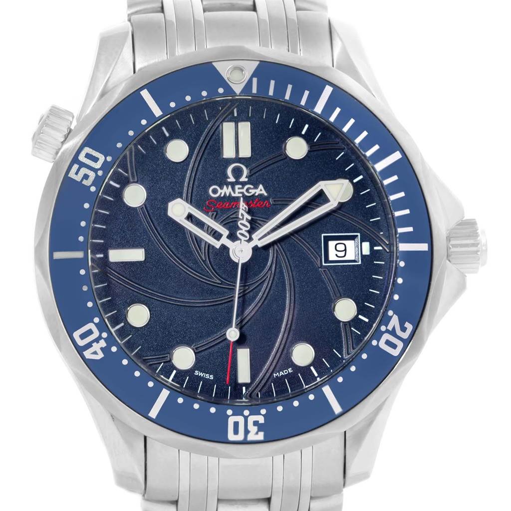 This image shows a front, close-up view of the Omega Seamaster 2226.80.00 Men's Stainless Steel Blue Dial 2226.80.00 Men's Stainless Steel Blue Dial watch displaying the dial, bezel, and part of the bracelet.