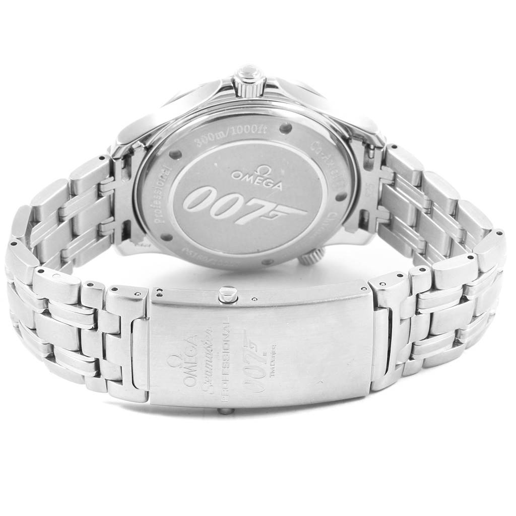 The image shows the case back and clasp of an Omega Seamaster 2226.80.00 Men's Stainless Steel Blue Dial 2226.80.00 Men's Stainless Steel Blue Dial 007 watch at an angled rear view perspective.