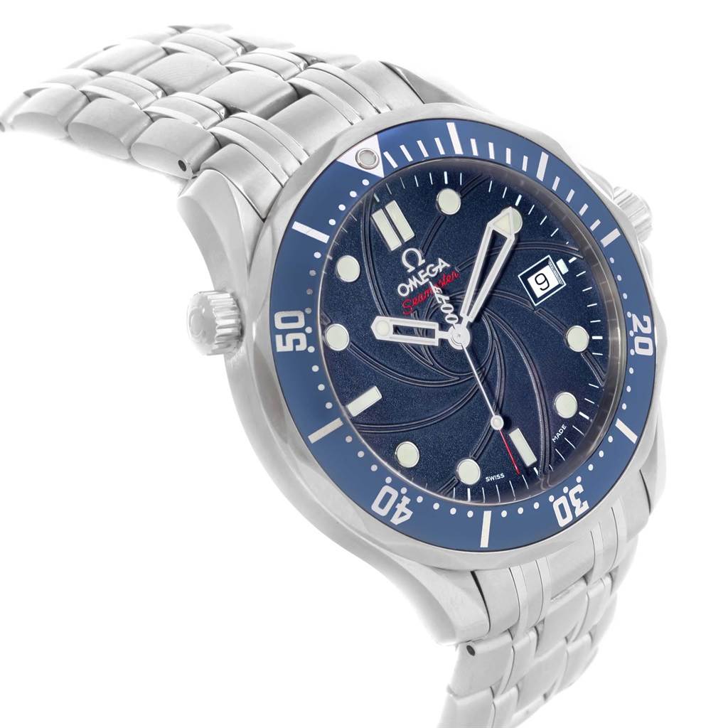 The image shows a side and front angle view of the Omega Seamaster 2226.80.00 Men's Stainless Steel Blue Dial 2226.80.00 Men's Stainless Steel Blue Dial watch, highlighting the dial, bezel, and stainless steel bracelet.