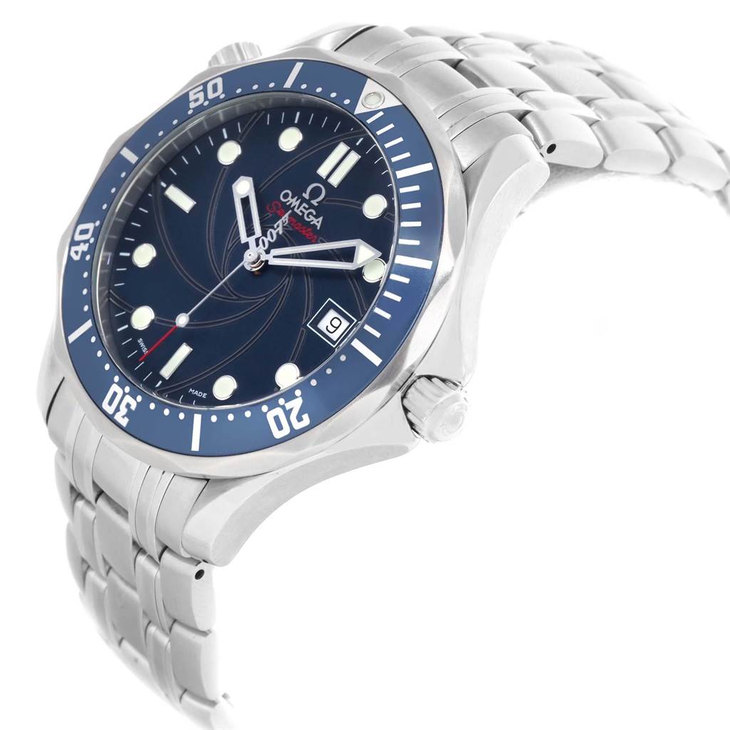 The image shows an angled view of the Omega Seamaster 2226.80.00 Men's Stainless Steel Blue Dial 2226.80.00 Men's Stainless Steel Blue Dial watch, highlighting the dial, bezel, bracelet, and crown.