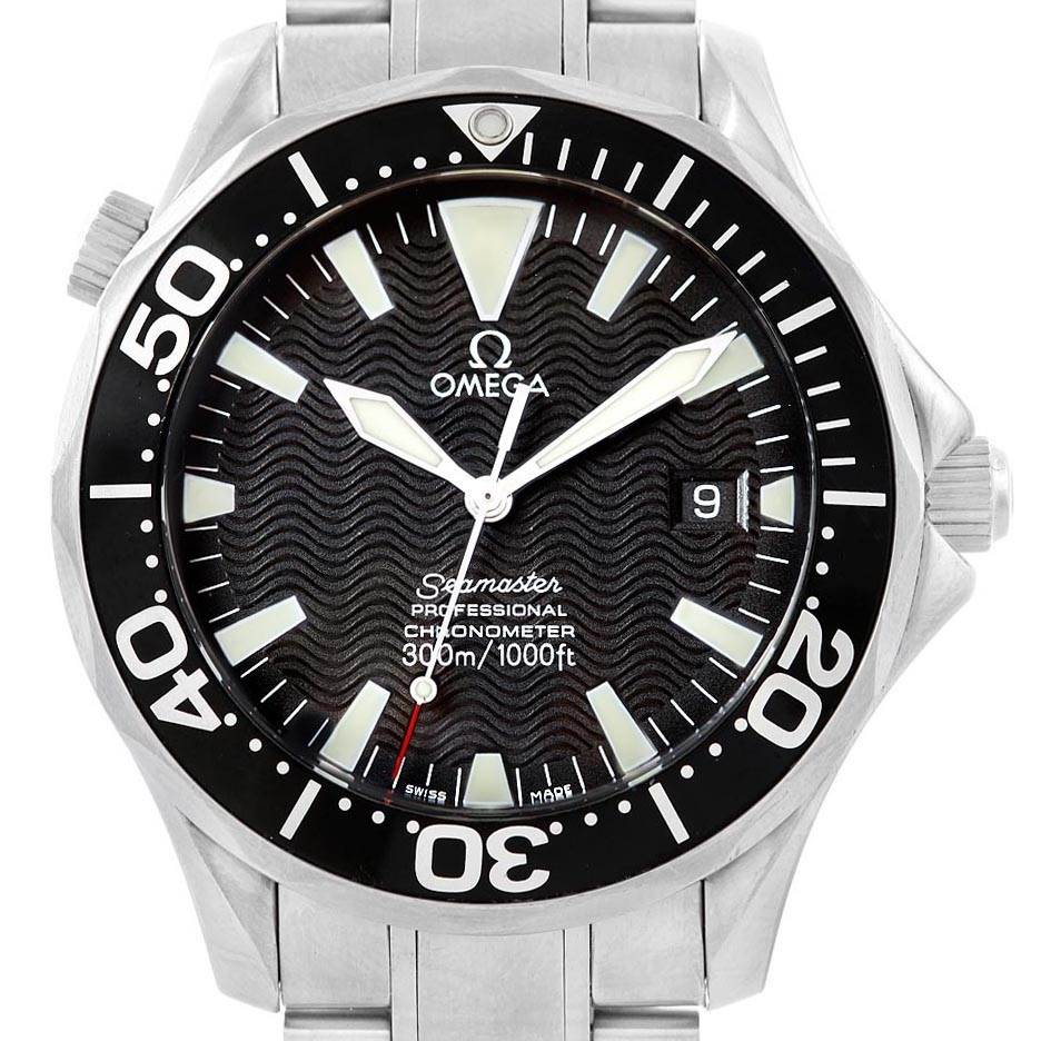 The image shows a front view of the Omega Seamaster 2254.50.00 Men
s Stainless Steel Black Dial 2254.50.00 Men
s Stainless Steel Black Dial watch, displaying the dial, bezel, hands, and part of the stainless steel bracelet.