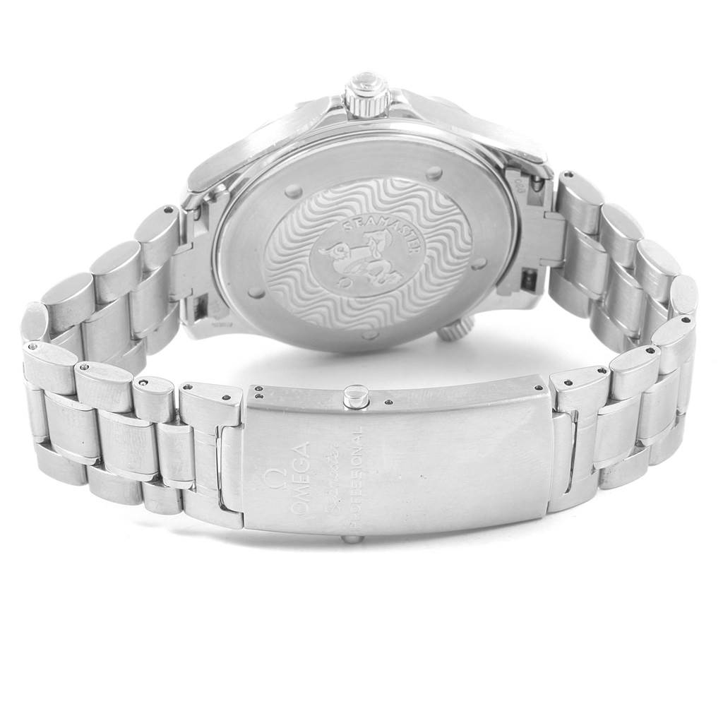 This image shows the back casing and clasp of an Omega Seamaster 2254.50.00 Men
s Stainless Steel Black Dial 2254.50.00 Men
s Stainless Steel Black Dial watch, highlighting its bracelet and engraved details.