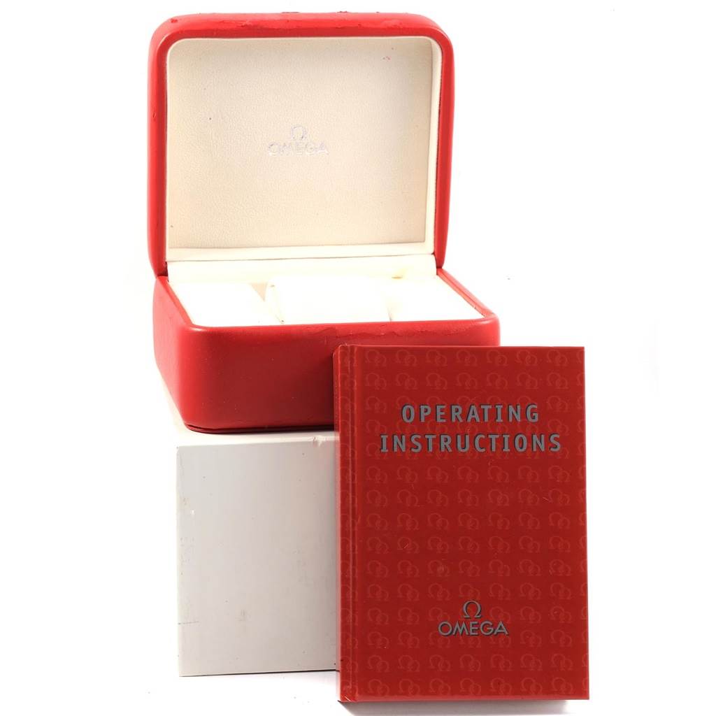 The image shows the Omega Seamaster 2254.50.00 Men
s Stainless Steel Black Dial 2254.50.00 Men
s Stainless Steel Black Dial watch box and operating instructions booklet from a front angle.