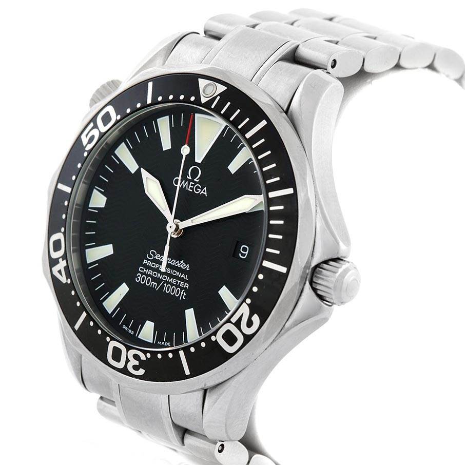 The Omega Seamaster 2254.50.00 Men
s Stainless Steel Black Dial 2254.50.00 Men
s Stainless Steel Black Dial watch is shown from a front-right angle highlighting its dial, bezel, crown, and metal bracelet.
