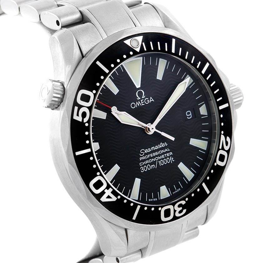 The image shows a side angle of the Omega Seamaster 2254.50.00 Men
s Stainless Steel Black Dial 2254.50.00 Men
s Stainless Steel Black Dial watch, highlighting its face, bezel, crown, and part of its metal bracelet.