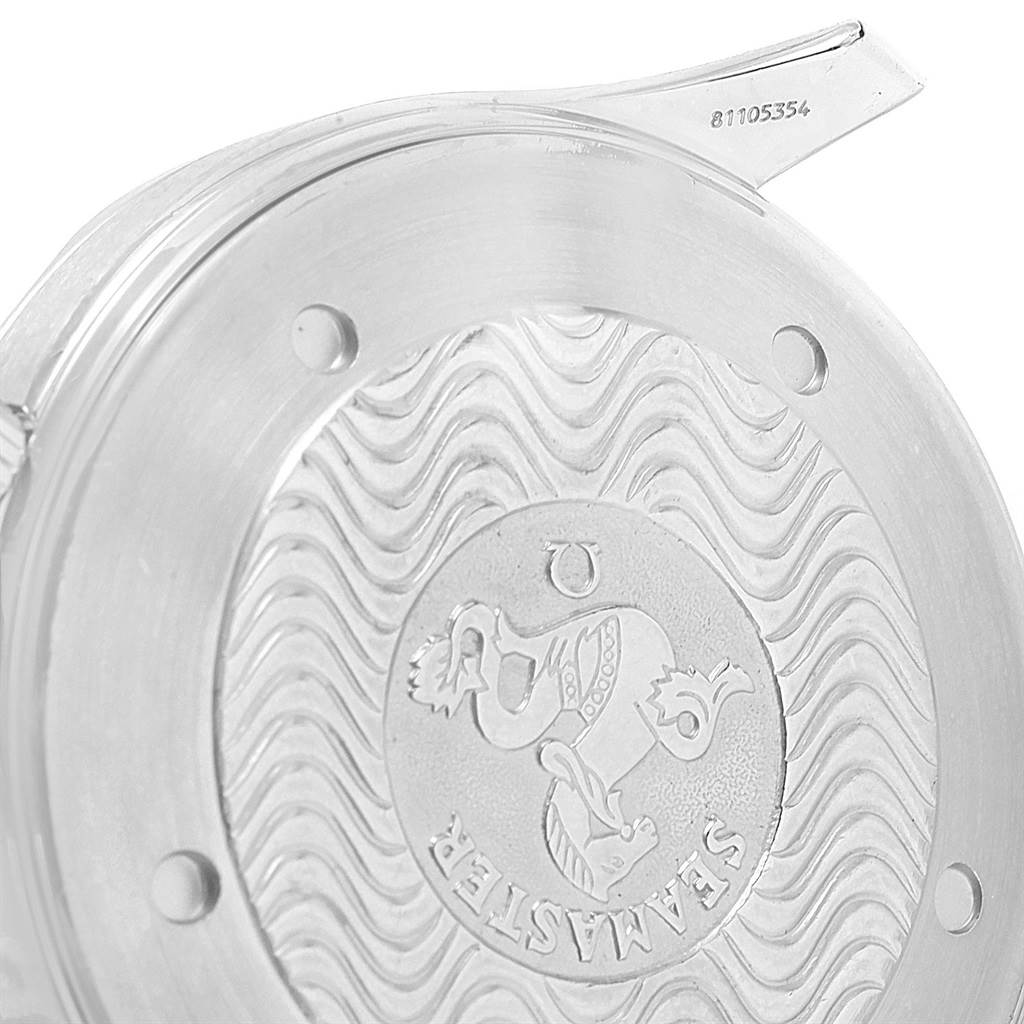 The image shows the case back of an Omega Seamaster 2254.50.00 Men
s Stainless Steel Black Dial 2254.50.00 Men
s Stainless Steel Black Dial watch taken from an angled view.