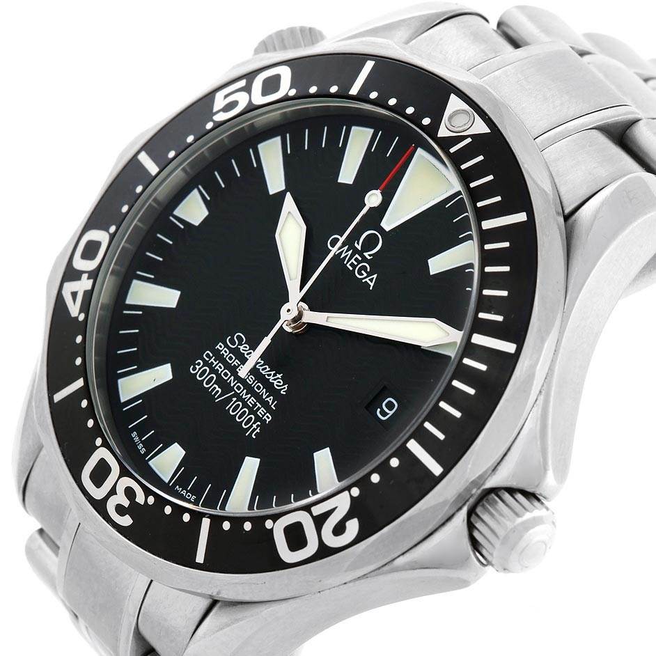 The image shows an angled close-up of the Omega Seamaster 2254.50.00 Men
s Stainless Steel Black Dial 2254.50.00 Men
s Stainless Steel Black Dial watch, highlighting the bezel, dial, hands, and part of the bracelet.