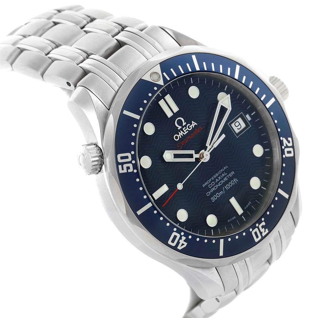 The image shows an Omega Seamaster 2220.80.00 Men
s Stainless Steel Blue Dial 2220.80.00 Men
s Stainless Steel Blue Dial watch from a three-quarter angle, highlighting the face, bezel, and metal bracelet.