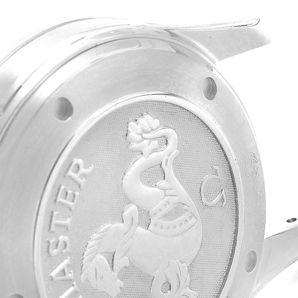 The image shows the case back of an Omega Seamaster 2220.80.00 Men
s Stainless Steel Blue Dial 2220.80.00 Men
s Stainless Steel Blue Dial watch, featuring an engraved seahorse design.