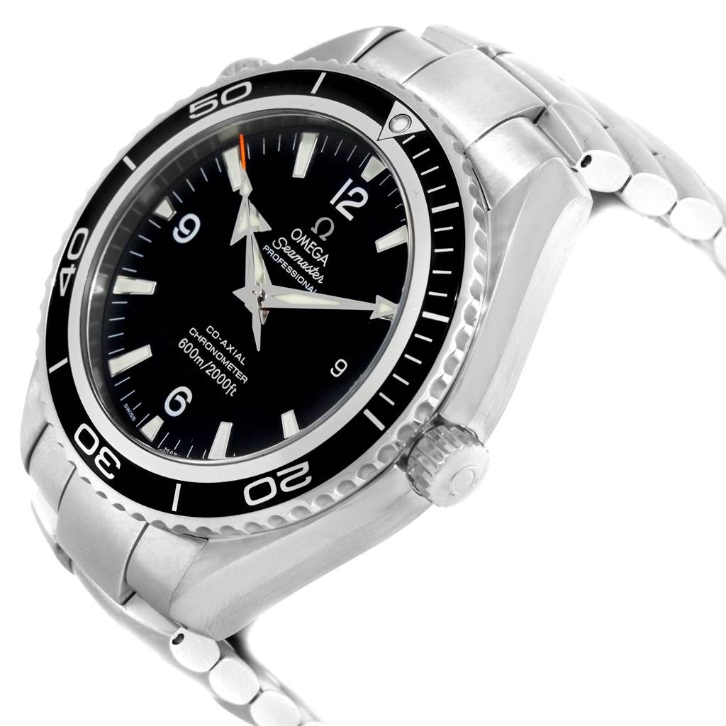 The Omega Seamaster 2200.50.00 Men
s Stainless Steel Black Dial 2200.50.00 Men
s Stainless Steel Black Dial watch is shown from a slightly angled side view, featuring the bezel, crown, and stainless steel bracelet.