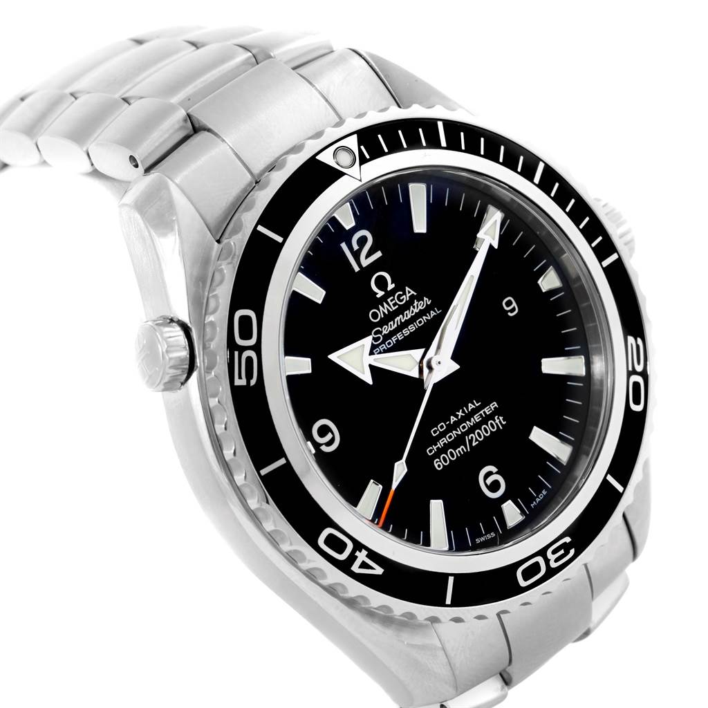 The Omega Seamaster 2200.50.00 Men
s Stainless Steel Black Dial 2200.50.00 Men
s Stainless Steel Black Dial watch is shown from a front angle, highlighting the face, bezel, and part of the bracelet.