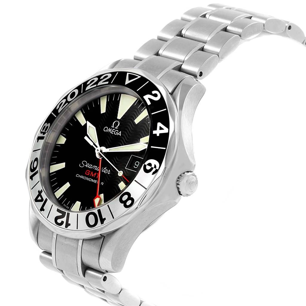 The Omega Seamaster 2536.50.00 Men's Stainless Steel Black Dial 2536.50.00 Men's Stainless Steel Black Dial watch is shown at an angle highlighting its face, bezel, crown, and bracelet.