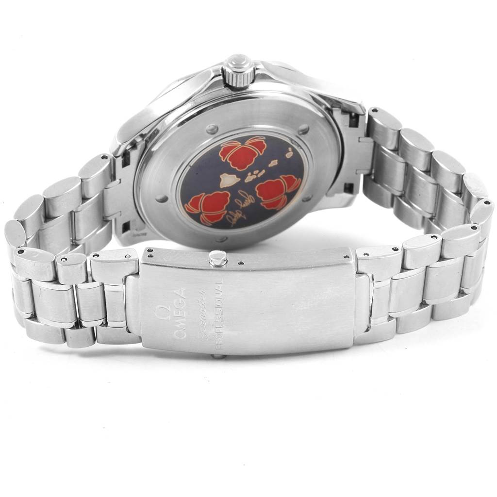 The image shows the back and metallic bracelet of an Omega Seamaster 2536.50.00 Men's Stainless Steel Black Dial 2536.50.00 Men's Stainless Steel Black Dial watch, emphasizing the clasp and case back design.