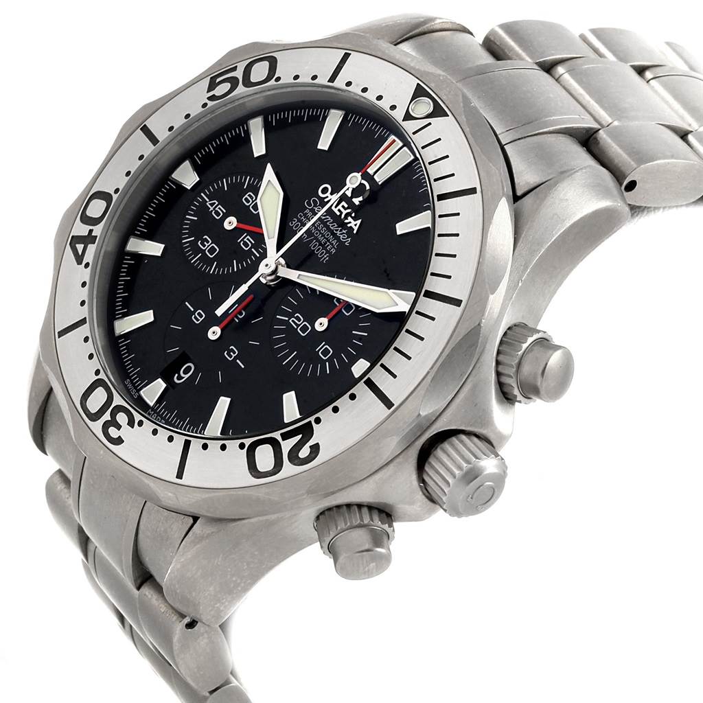 The Omega Seamaster 2293.52.00 Men's Titanium Black Dial 2293.52.00 Men's Titanium Black Dial watch is shown from a slightly angled view, highlighting its face, bezel, crown, and bracelet.