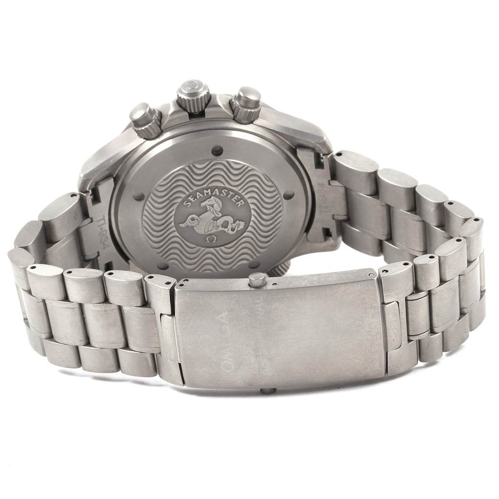 The image shows the back case and bracelet of an Omega Seamaster 2293.52.00 Men's Titanium Black Dial 2293.52.00 Men's Titanium Black Dial watch, with the clasp and pushers visible.