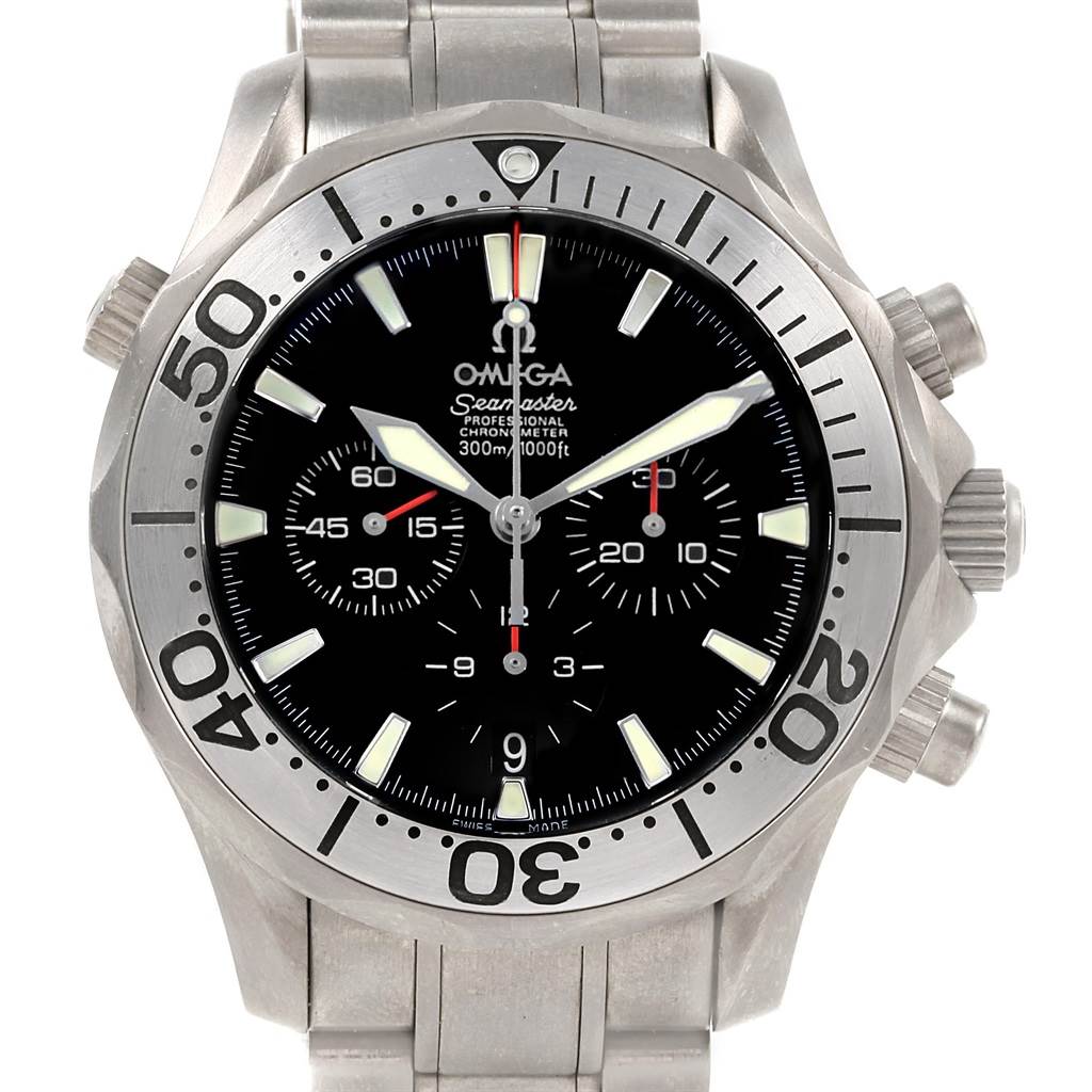 The image shows a front view of the Omega Seamaster 2293.52.00 Men's Titanium Black Dial 2293.52.00 Men's Titanium Black Dial watch, highlighting the dial, bezel, and stainless steel bracelet.