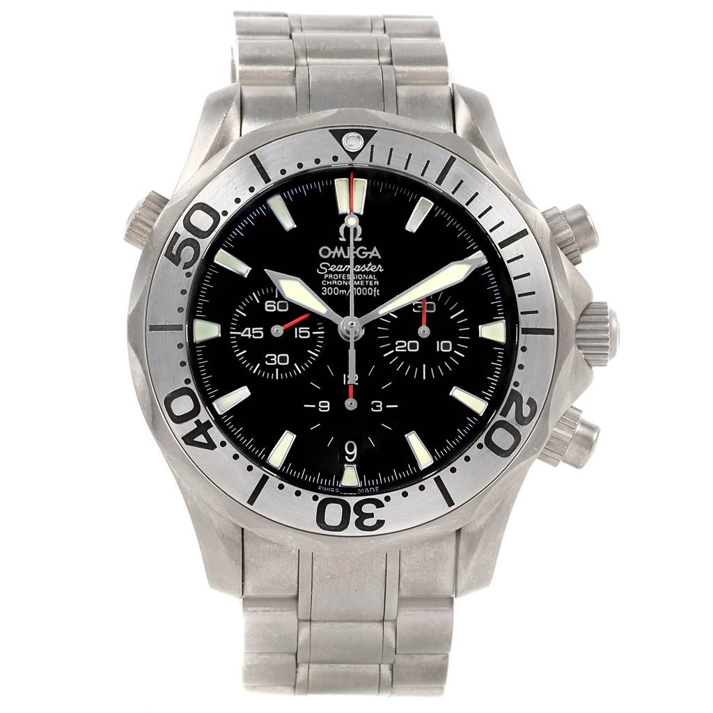 This image shows a full frontal view of the Omega Seamaster 2293.52.00 Men's Titanium Black Dial 2293.52.00 Men's Titanium Black Dial watch, highlighting the dial, bezel, and bracelet.
