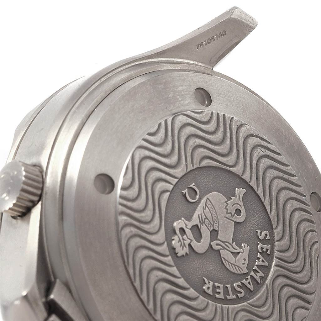 The image shows the back case and crown of an Omega Seamaster 2293.52.00 Men's Titanium Black Dial 2293.52.00 Men's Titanium Black Dial watch, highlighting the intricate design and branding.