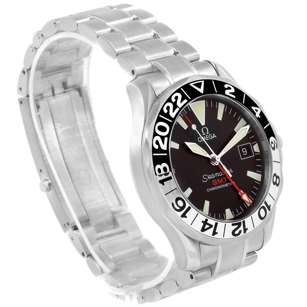 This Omega Seamaster 2234.50.00 Men
s Stainless Steel Black Dial 2234.50.00 Men
s Stainless Steel Black Dial watch is shown at a three-quarter angle, depicting the face, bezel, and metal bracelet.