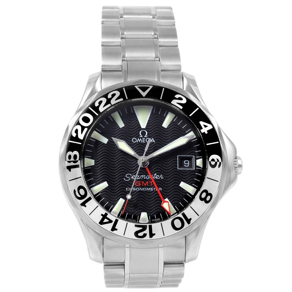 The image shows a front view of an Omega Seamaster 2234.50.00 Men
s Stainless Steel Black Dial 2234.50.00 Men
s Stainless Steel Black Dial GMT watch with a stainless steel bracelet and a black dial.