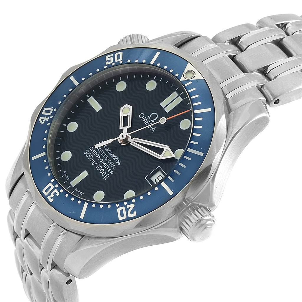 The Omega Seamaster 2551.80.00 Men
s Stainless Steel Blue Dial 2551.80.00 Men
s Stainless Steel Blue Dial watch is shown at an angle displaying its bezel, dial, crown, and part of its metal bracelet.