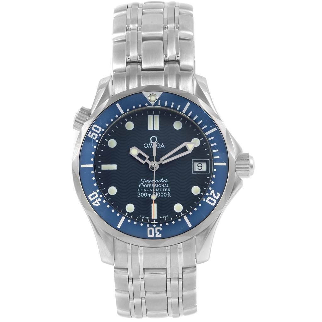 The Omega Seamaster 2551.80.00 Men
s Stainless Steel Blue Dial 2551.80.00 Men
s Stainless Steel Blue Dial watch is shown from a front angle displaying the face, bezel, and part of the bracelet.