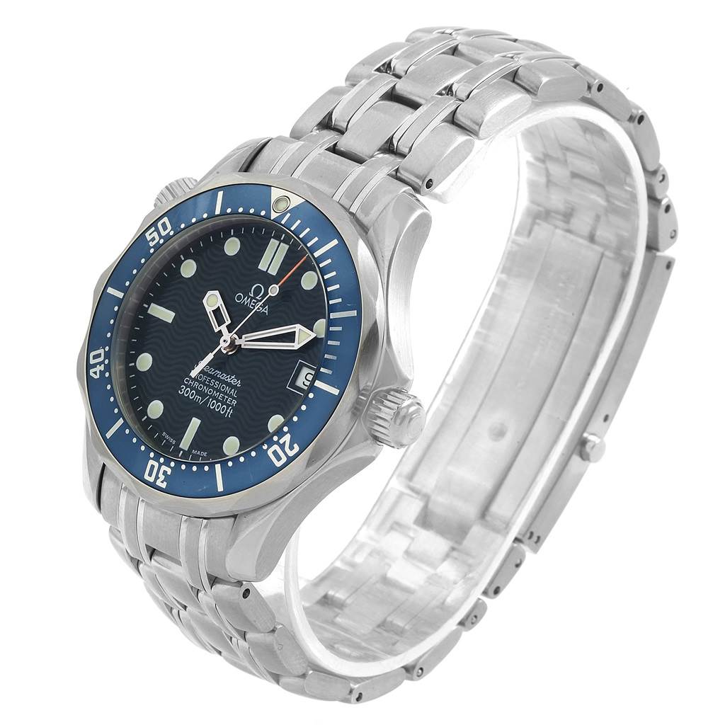The Omega Seamaster 2551.80.00 Men
s Stainless Steel Blue Dial 2551.80.00 Men
s Stainless Steel Blue Dial watch is shown at a three-quarter angle, displaying the dial, bracelet, and bezel.