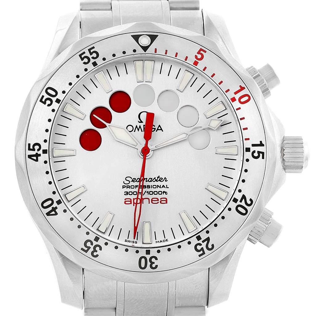 The Omega Seamaster 2595.30.00 Men
s Stainless Steel Silver Dial 2595.30.00 Men
s Stainless Steel Silver Dial watch is shown from the front, displaying its bezel, dial, hands, and buttons.