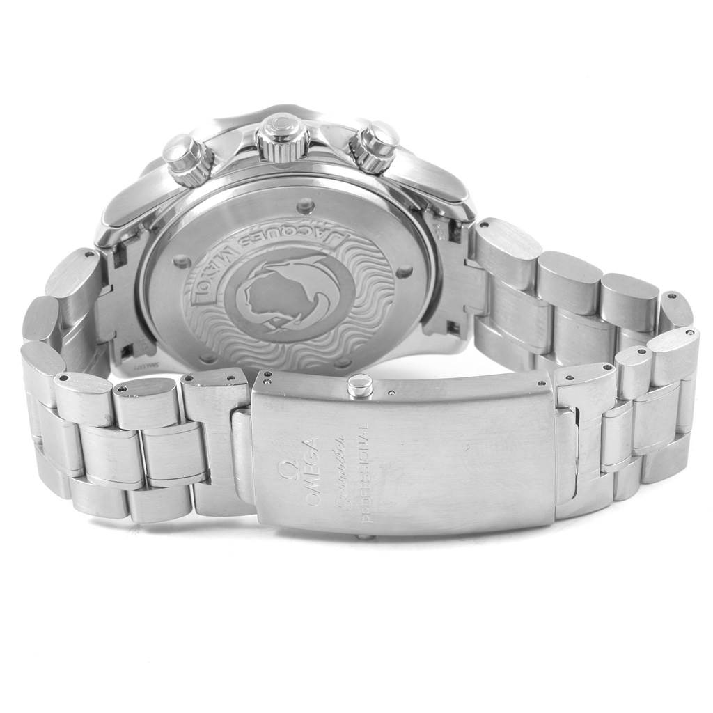 The image shows the back case, crown, and bracelet of an Omega Seamaster 2595.30.00 Men
s Stainless Steel Silver Dial 2595.30.00 Men
s Stainless Steel Silver Dial watch.