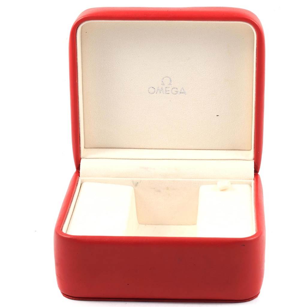 The image shows an open red Omega box likely used for storing the Seamaster model watch.