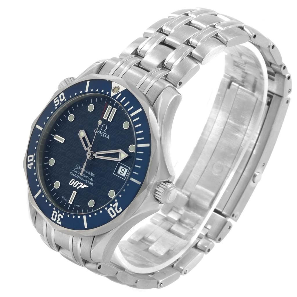 The Omega Seamaster 2537.80.00 Men
s Stainless Steel Blue Dial 2537.80.00 Men
s Stainless Steel Blue Dial watch is shown at a three-quarter angle, highlighting the face, bezel, crown, and metal bracelet.