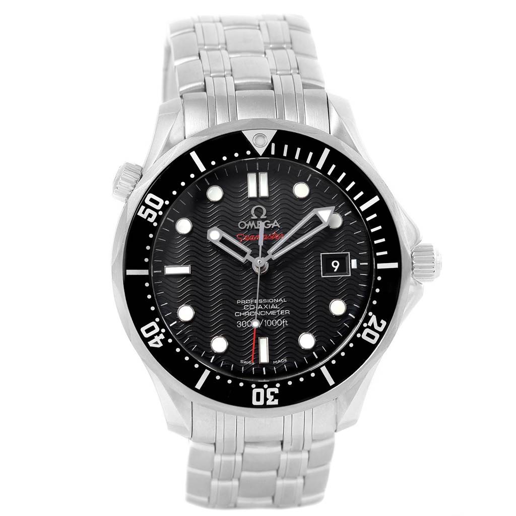 The Omega Seamaster 212.30.41.20.01.002 Men
s Stainless Steel Black Dial 212.30.41.20.01.002 Men
s Stainless Steel Black Dial watch is shown from the front, displaying its dial, bezel, and bracelet.