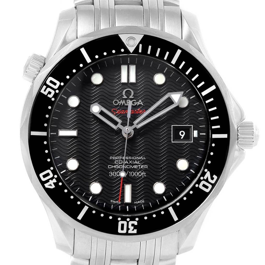 The Omega Seamaster 212.30.41.20.01.002 Men
s Stainless Steel Black Dial 212.30.41.20.01.002 Men
s Stainless Steel Black Dial watch is shown from a front angle, featuring the dial, bezel, and part of the strap.