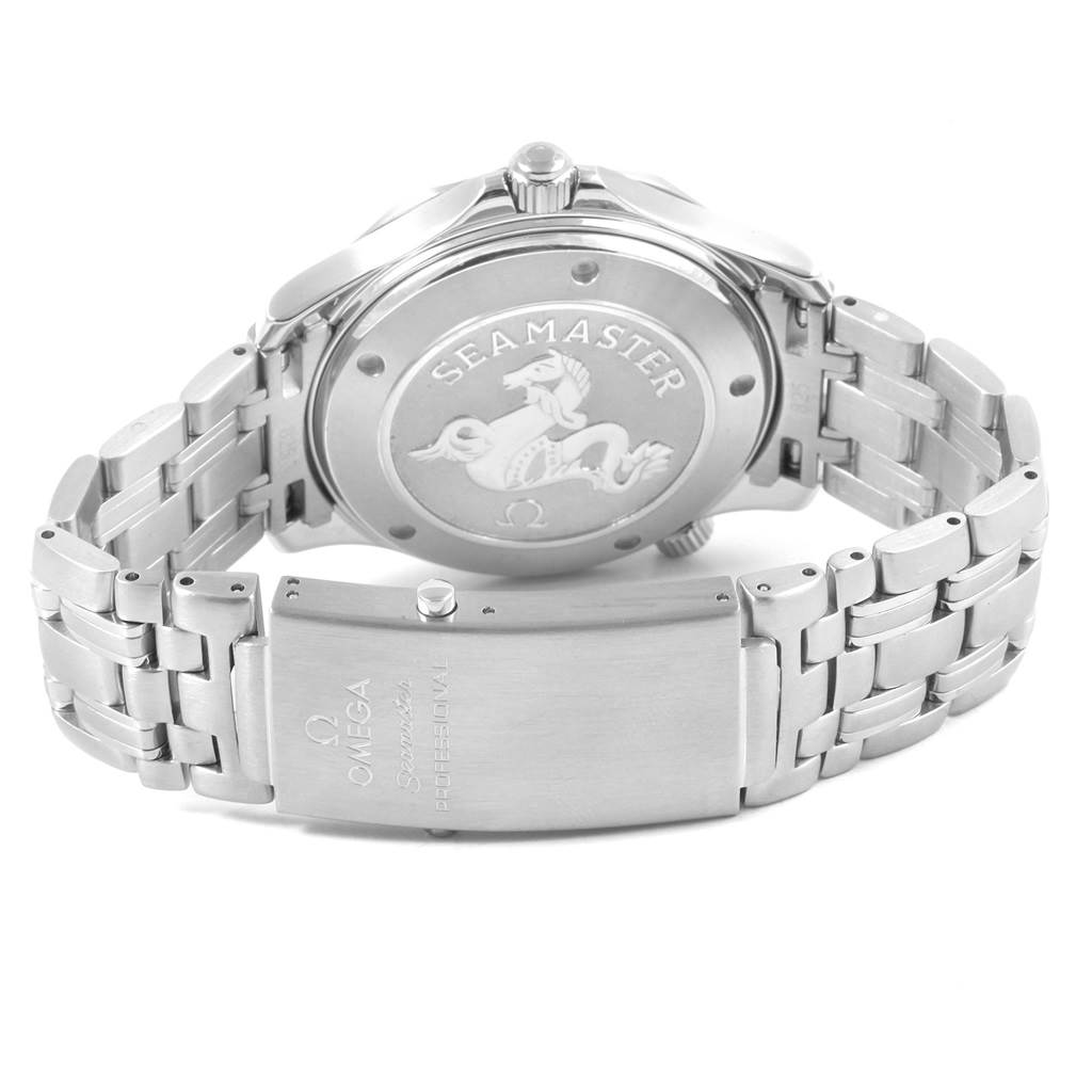 The image shows the back and clasp of an Omega Seamaster 212.30.41.20.01.002 Men
s Stainless Steel Black Dial 212.30.41.20.01.002 Men
s Stainless Steel Black Dial watch, highlighting the case back engraving and the bracelet.