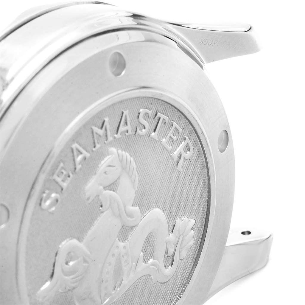 The image shows a close-up of the Omega Seamaster 212.30.41.20.01.002 Men
s Stainless Steel Black Dial 212.30.41.20.01.002 Men
s Stainless Steel Black Dial watch
s back case and lugs at a side angle.