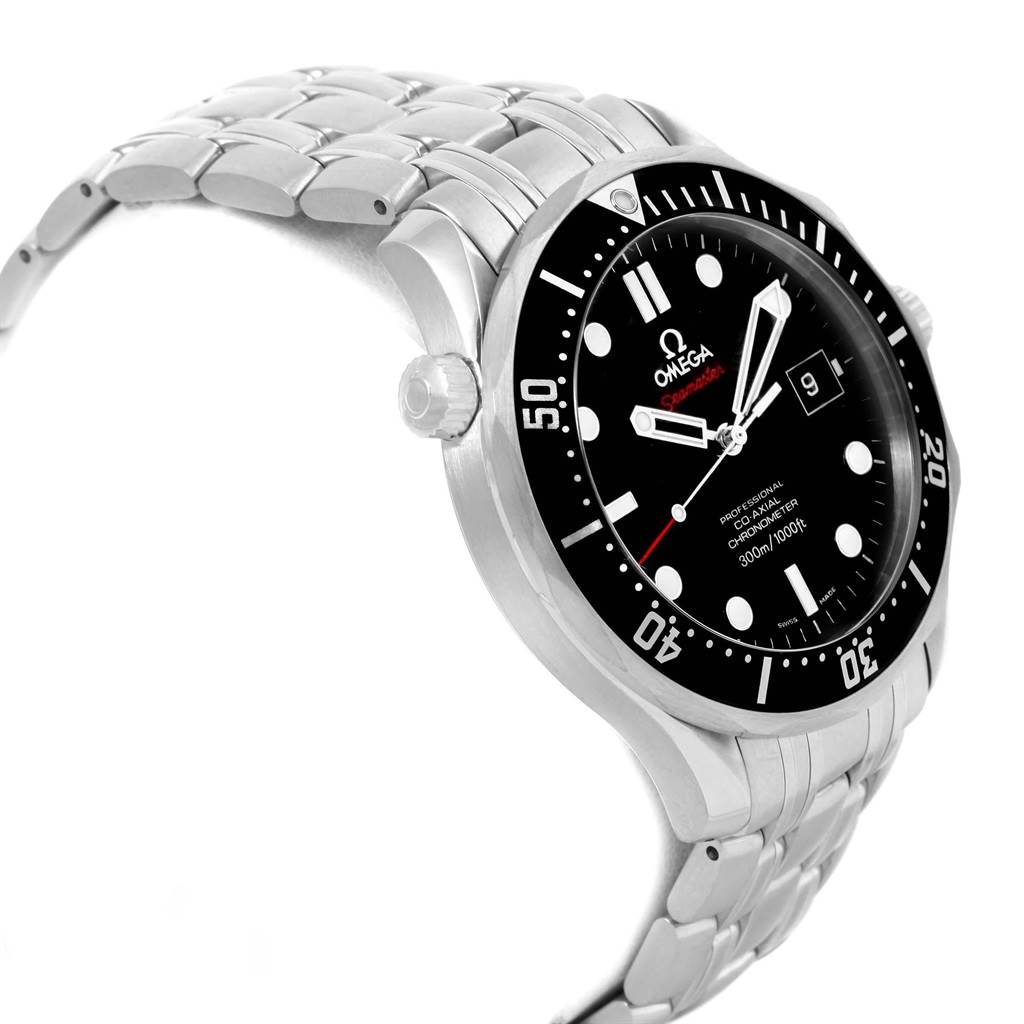 The image shows a side angle of the Omega Seamaster 212.30.41.20.01.002 Men
s Stainless Steel Black Dial 212.30.41.20.01.002 Men
s Stainless Steel Black Dial watch, highlighting its face, bezel, crown, and metallic bracelet.