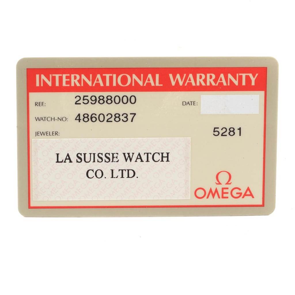 The image shows the international warranty card for an Omega Seamaster 2598.80.00 Men
s Stainless Steel Blue Dial 2598.80.00 Men
s Stainless Steel Blue Dial watch.
