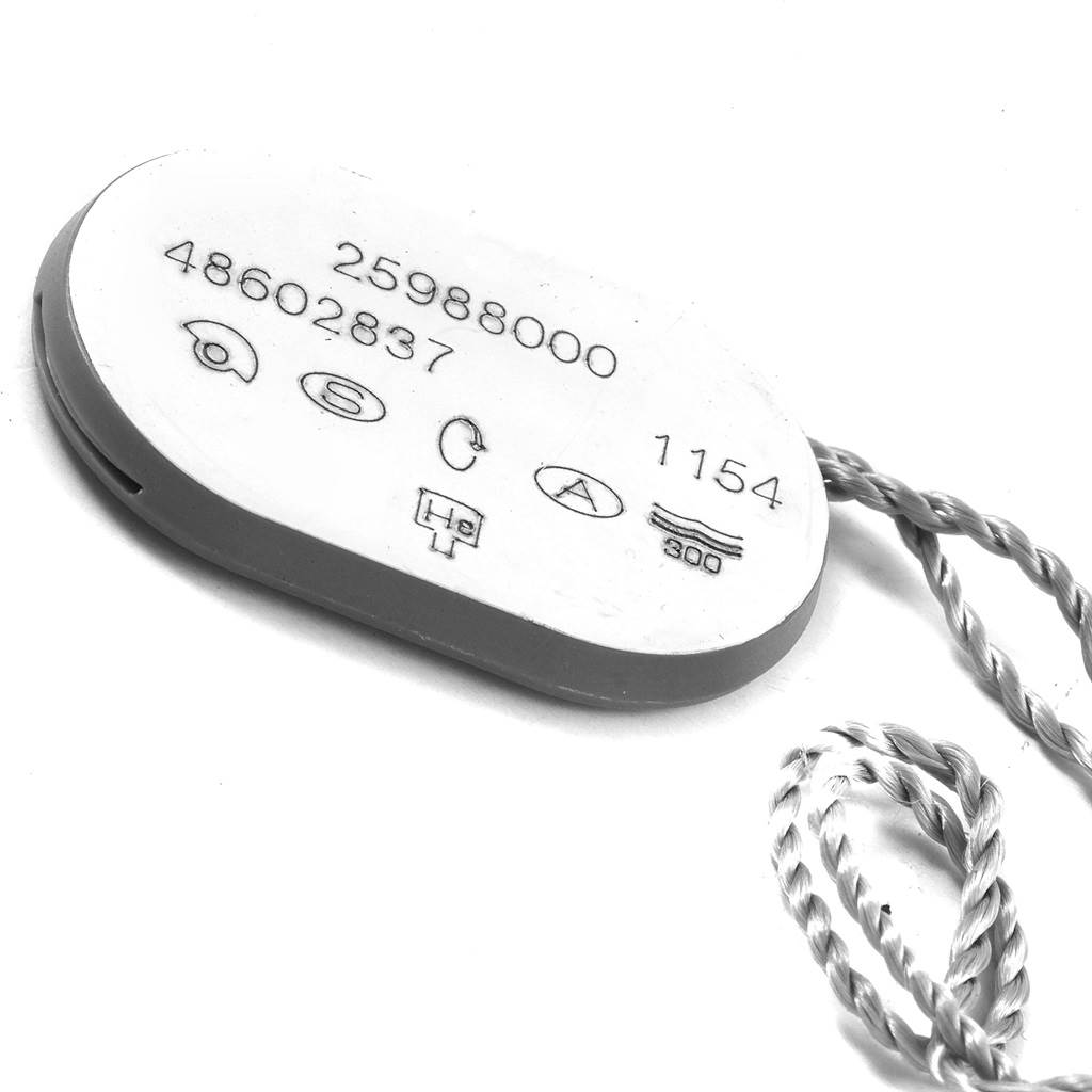 The image shows a tag with numbers and symbols for an Omega Seamaster 2598.80.00 Men
s Stainless Steel Blue Dial 2598.80.00 Men
s Stainless Steel Blue Dial watch, with a string attached.