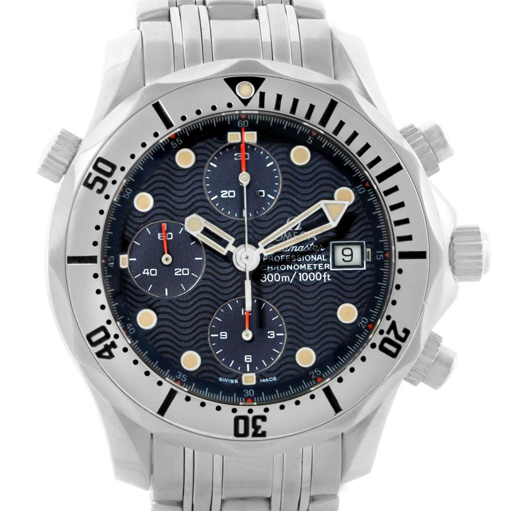 This Omega Seamaster 2598.80.00 Men
s Stainless Steel Blue Dial 2598.80.00 Men
s Stainless Steel Blue Dial watch is shown from a front angle, highlighting its face, bezel, hands, sub-dials, and part of the bracelet.