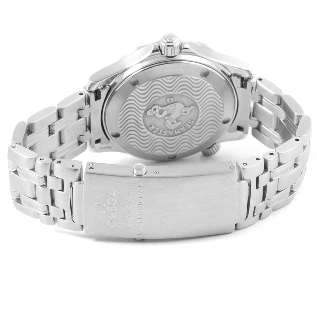 The image shows the back case and bracelet clasp of the Omega Seamaster 2562.80.00 Men
s Stainless Steel Blue Dial 2562.80.00 Men
s Stainless Steel Blue Dial watch, highlighting the engraved logo and branding.