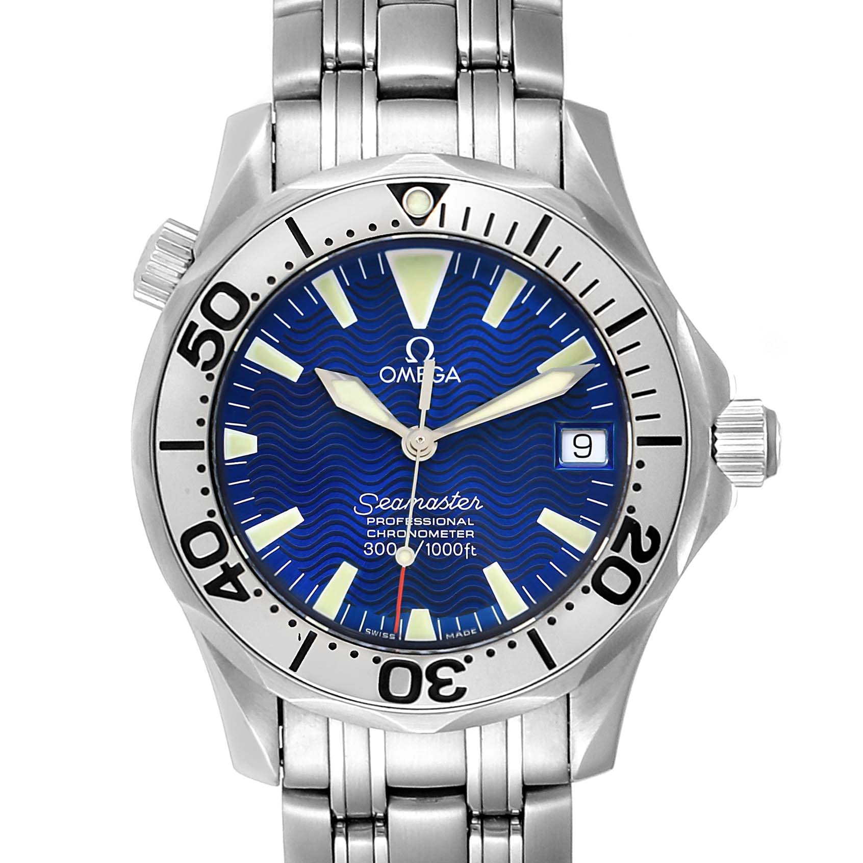 The image shows a front view of an Omega Seamaster 2053.80.00 Men's Stainless Steel Blue Dial 2053.80.00 Men's Stainless Steel Blue Dial watch, displaying the face, bezel, and part of the metal bracelet.