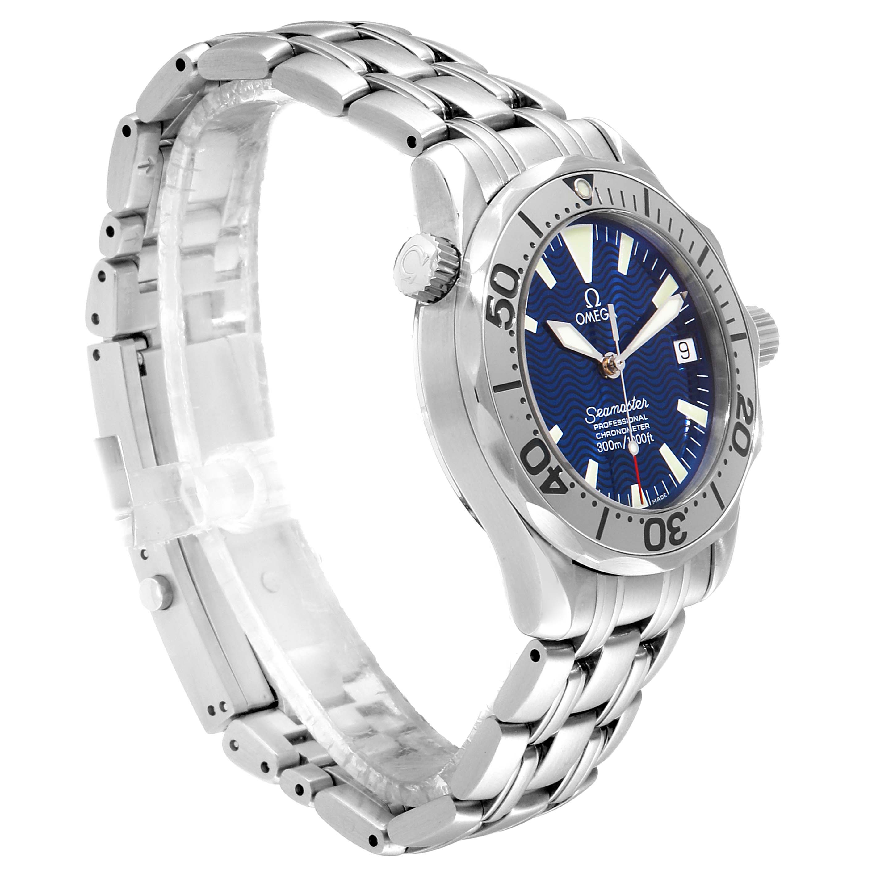 This image shows a side and angled front view of the Omega Seamaster 2053.80.00 Men's Stainless Steel Blue Dial 2053.80.00 Men's Stainless Steel Blue Dial watch, displaying the dial, bezel, crown, and bracelet.