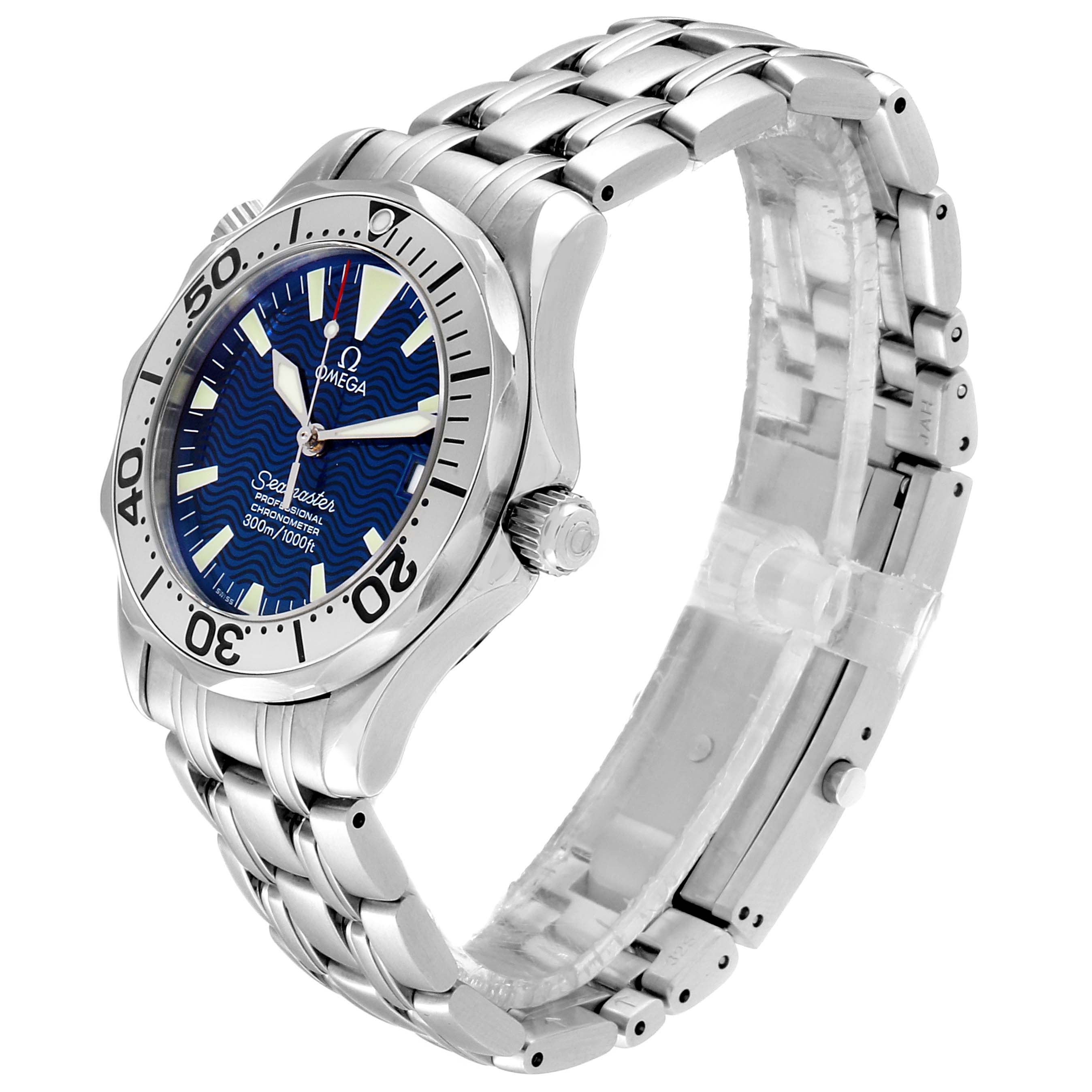 The Omega Seamaster 2053.80.00 Men's Stainless Steel Blue Dial 2053.80.00 Men's Stainless Steel Blue Dial watch is shown at a three-quarter angle, highlighting its face, bezel, crown, and stainless steel bracelet.