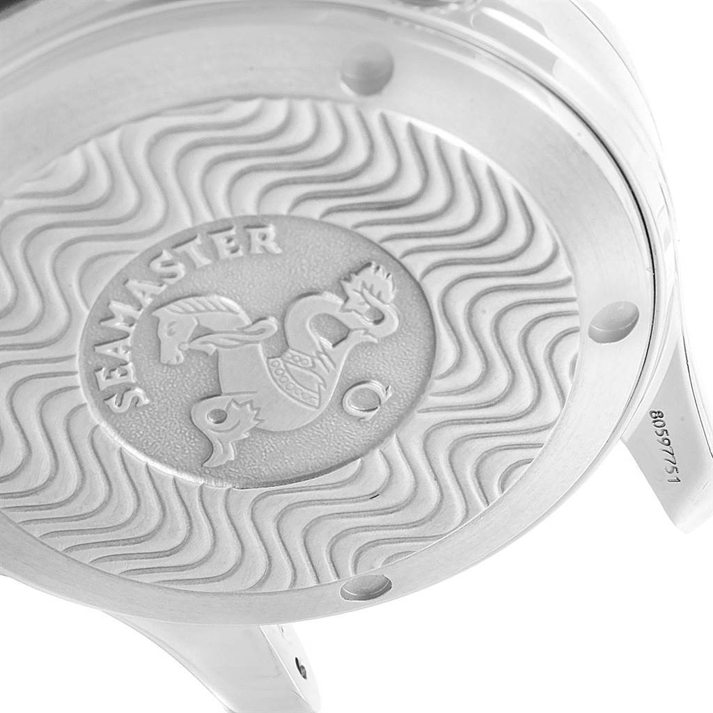 The image shows the engraved case back of an Omega Seamaster 2053.80.00 Men's Stainless Steel Blue Dial 2053.80.00 Men's Stainless Steel Blue Dial watch at an angled close-up.