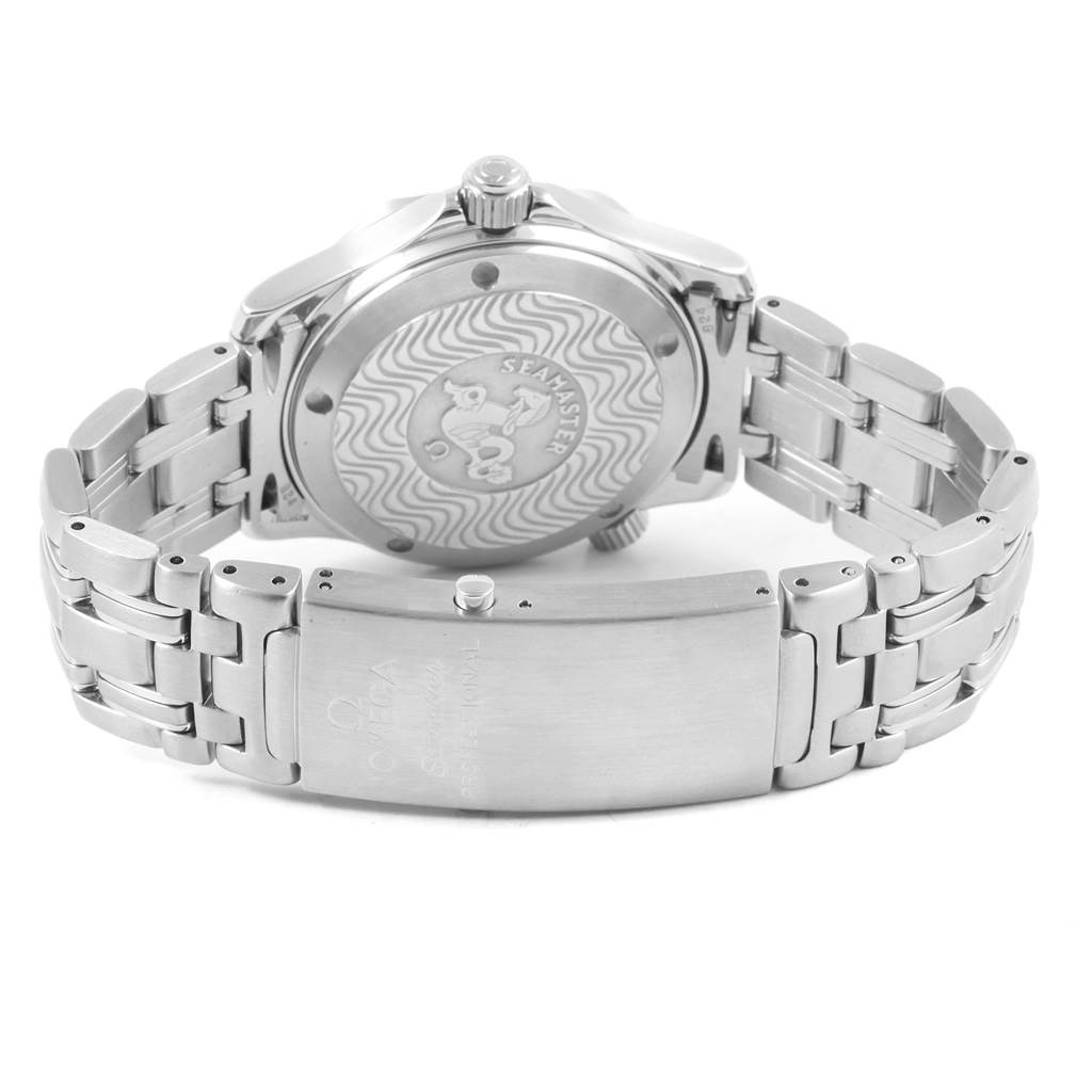 The image shows the back, crown, and stainless steel bracelet of an Omega Seamaster 2053.80.00 Men's Stainless Steel Blue Dial 2053.80.00 Men's Stainless Steel Blue Dial watch.