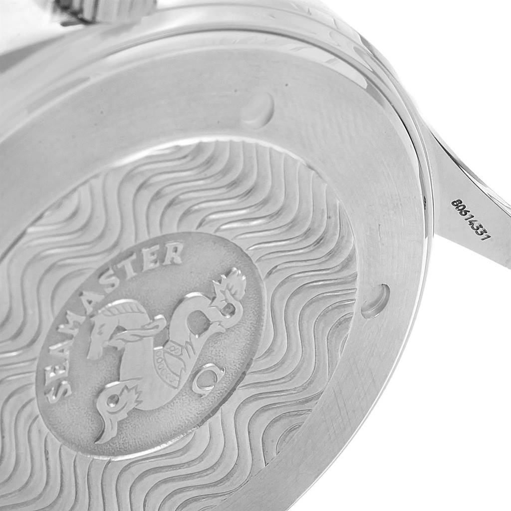 The image shows the case back of an Omega Seamaster 2254.50.00 Men
s Stainless Steel Black Dial 2254.50.00 Men
s Stainless Steel Black Dial watch from an angled view, highlighting the engraved design and logo.